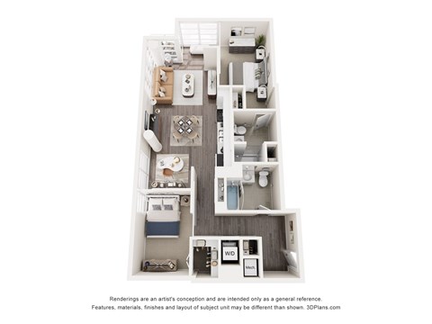 A 3D floor plan of a small apartment with a kitchen, living room, and bathroom.